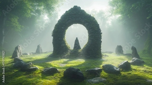 Obraz Ancient stone archway in misty forest