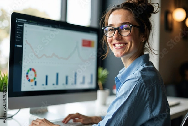 Fototapeta A successful female analyst confidently analyzing business data with a smile while wearing glasses and using a computer dashboard.