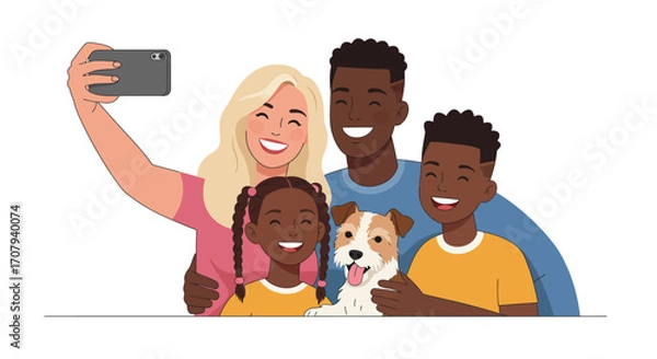 Fototapeta A happy multiracial family with two children and a dog taking a selfie together with a smartphone.