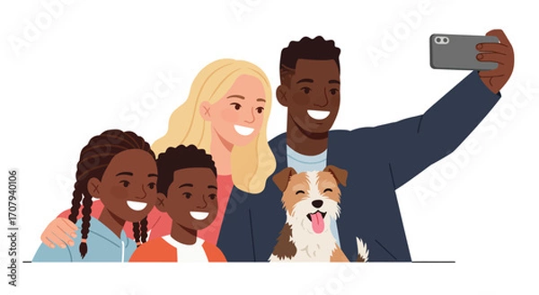 Fototapeta A happy multiracial family with two children and a dog taking a selfie together with a smartphone.