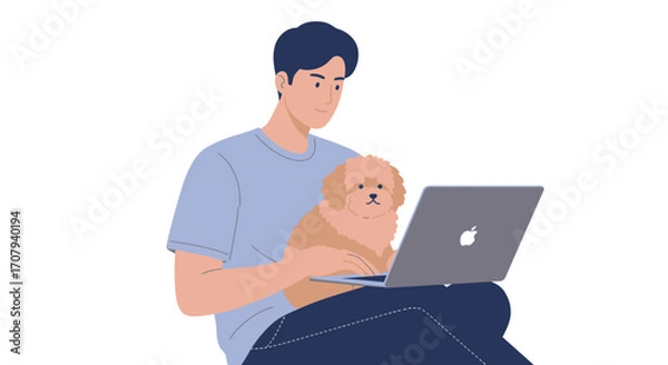 Fototapeta A young man working on a laptop computer with a cute, fluffy dog sitting comfortably on his lap.