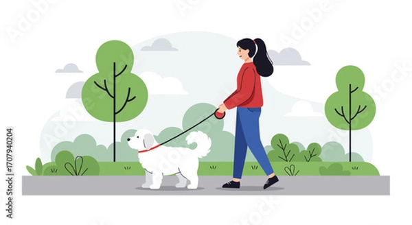 Fototapeta A young woman in casual clothes walks her fluffy white dog on a leash through a green city park with trees and bushes.