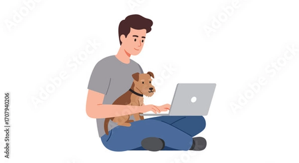 Fototapeta A young man sitting cross-legged with his dog on his lap, working or browsing on a laptop computer, isolated on a white background.