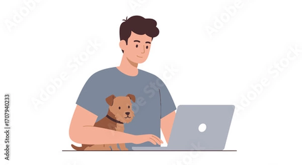 Fototapeta Young man working from home on a laptop computer with his cute pet dog sitting on his lap.
