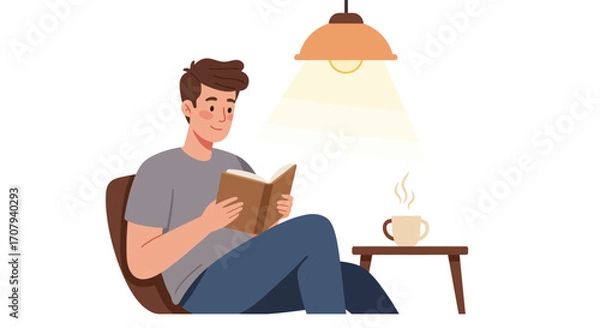 Fototapeta A young man sits in a comfortable chair reading a book under the warm light of a lamp, with a steaming cup of coffee on a small table.