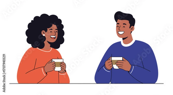 Fototapeta A smiling man and woman enjoy a friendly conversation while sitting at a table holding cups of coffee.
