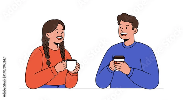 Fototapeta A happy young man and woman enjoying a friendly conversation over coffee, smiling at each other at a table.