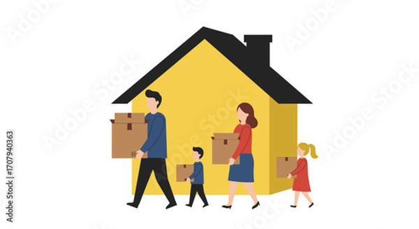 Fototapeta A family with two children carrying cardboard boxes while moving into their new yellow house.