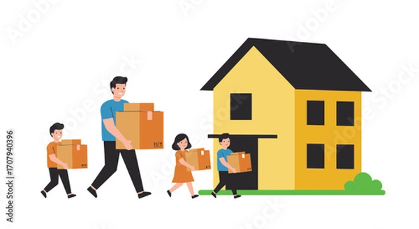 Fototapeta Vector illustration of a happy family, a father and three children, carrying cardboard boxes into their new yellow house.