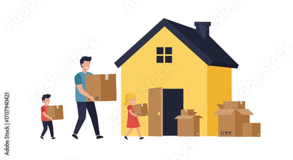 Fototapeta A family with a father, son, and daughter carrying cardboard boxes while moving into their new yellow house.