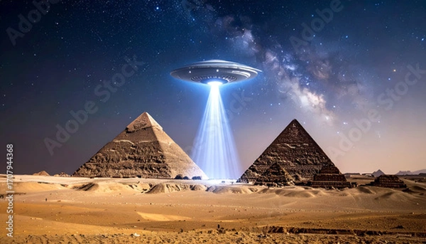 Obraz Colossal triangular UFO casting light rays onto the pyramids, desert night sky filled