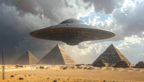 Obraz Huge metallic UFO with intricate patterns floating silently above the pyramids, storm clouds forming around it, cinematic tension