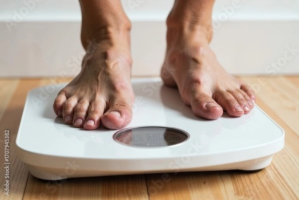 Fototapeta Close-Up Shot Capturing Determination: A Person Stepping on a Scale to Track Weight Loss Progress