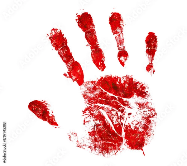 Fototapeta Red bloody handprint, isolated on transparent cutout background