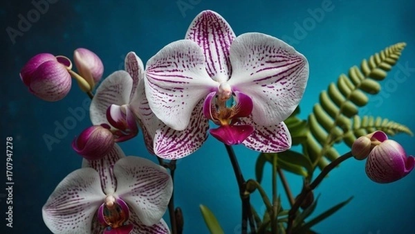 Fototapeta White Orchids With Pink Centers And Tropical Ferns Against Blue Background	
