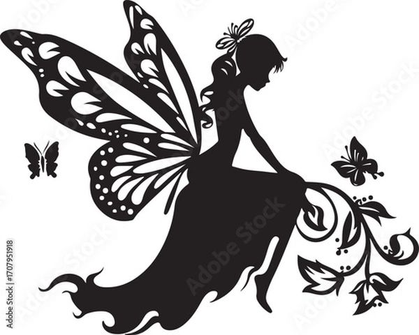 Fototapeta Elegant black vector silhouette of a fairy with delicate wings, perfect for fantasy-themed designs