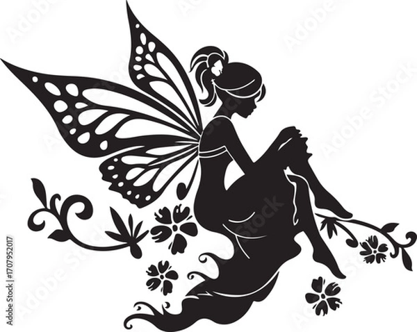 Fototapeta Elegant black vector silhouette of a fairy with delicate wings, perfect for fantasy-themed designs