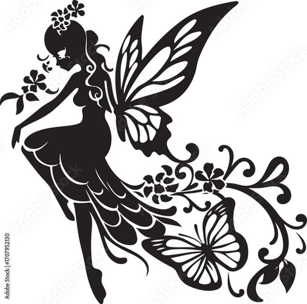 Fototapeta Elegant black vector silhouette of a fairy with delicate wings, perfect for fantasy-themed designs