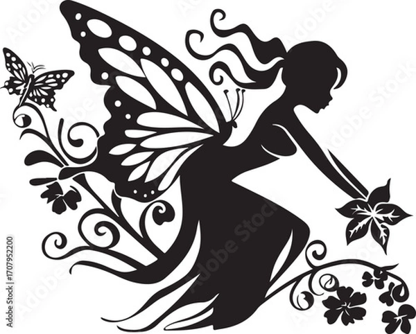 Fototapeta Elegant black vector silhouette of a fairy with delicate wings, perfect for fantasy-themed designs