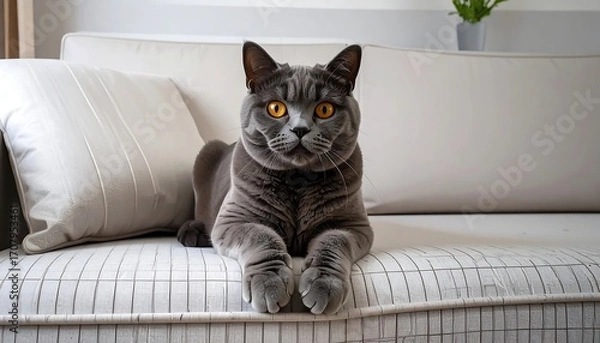 Obraz Gray cat with orange eyes lies on a white sofa with decorative pillow