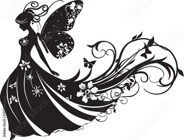 Fototapeta Elegant black vector silhouette of a fairy with delicate wings, perfect for fantasy-themed designs