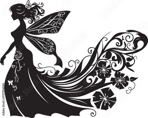 Fototapeta Elegant black vector silhouette of a fairy with delicate wings, perfect for fantasy-themed designs