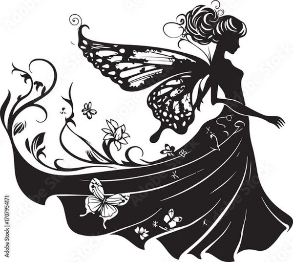 Fototapeta Elegant black vector silhouette of a fairy with delicate wings, perfect for fantasy-themed designs