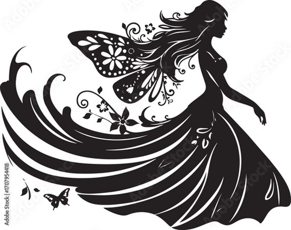 Fototapeta Elegant black vector silhouette of a fairy with delicate wings, perfect for fantasy-themed designs