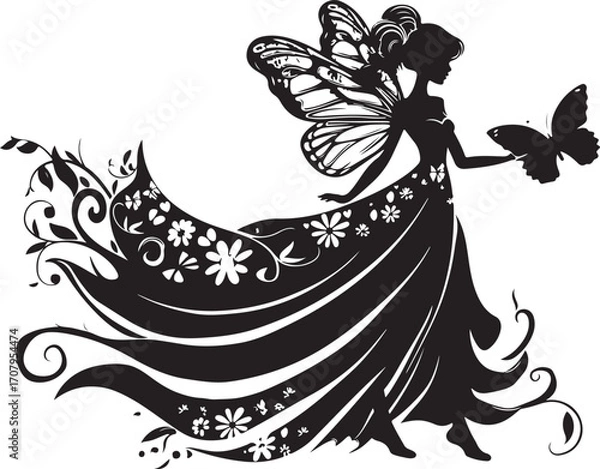 Fototapeta Elegant black vector silhouette of a fairy with delicate wings, perfect for fantasy-themed designs