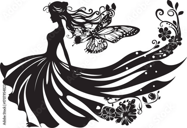 Fototapeta Elegant black vector silhouette of a fairy with delicate wings, perfect for fantasy-themed designs