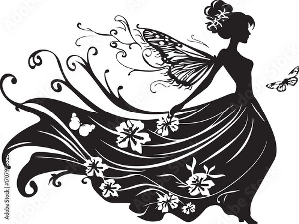 Fototapeta Elegant black vector silhouette of a fairy with delicate wings, perfect for fantasy-themed designs