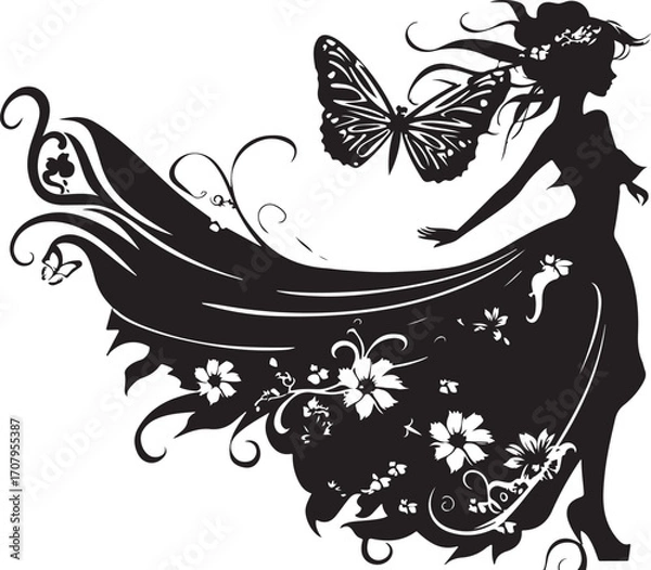 Fototapeta Elegant black vector silhouette of a fairy with delicate wings, perfect for fantasy-themed designs