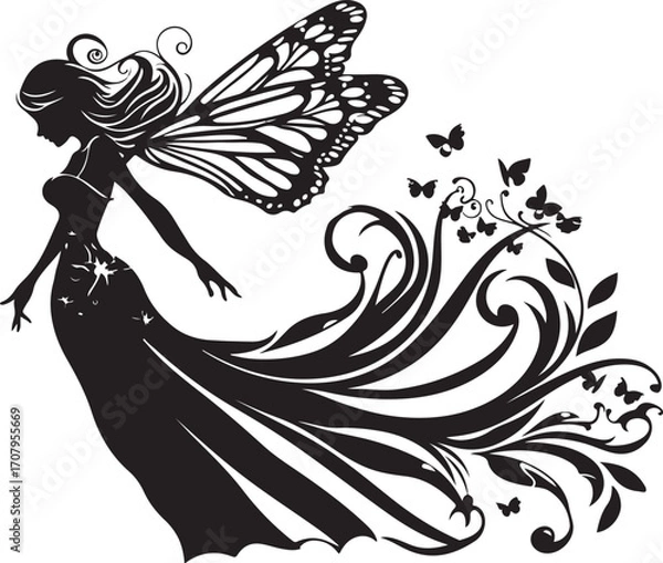 Fototapeta Elegant black vector silhouette of a fairy with delicate wings, perfect for fantasy-themed designs