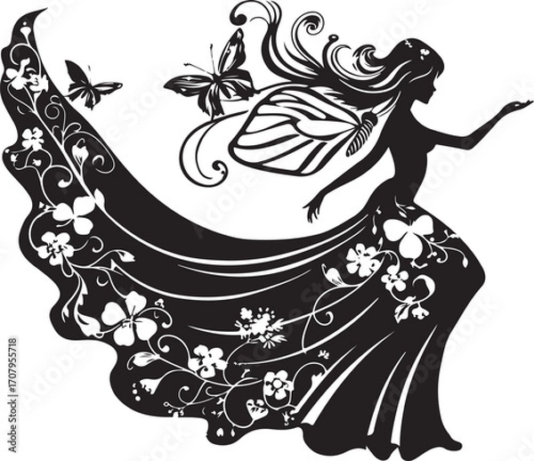 Fototapeta Elegant black vector silhouette of a fairy with delicate wings, perfect for fantasy-themed designs