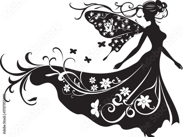 Fototapeta Elegant black vector silhouette of a fairy with delicate wings, perfect for fantasy-themed designs
