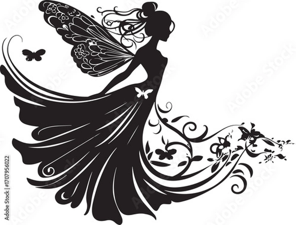 Fototapeta Elegant black vector silhouette of a fairy with delicate wings, perfect for fantasy-themed designs