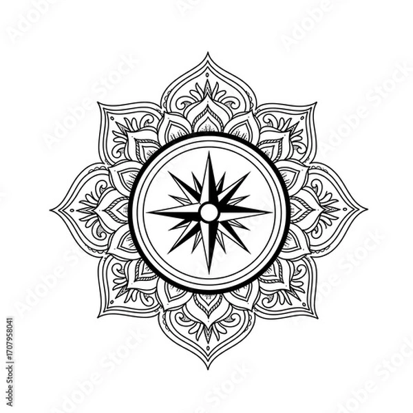 Obraz Compass Rose Mandala  Elegant Black  White Design with Guidance  Direction Concept.