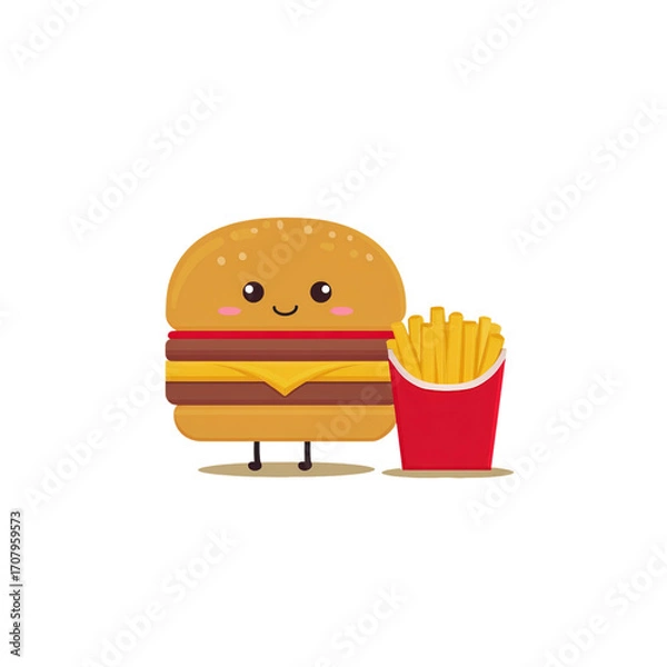 Fototapeta Cute cartoon burger character with smiling face and fries