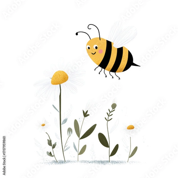 Fototapeta Cheerful Bee Flying Around Colorful Daisies and Green Plants