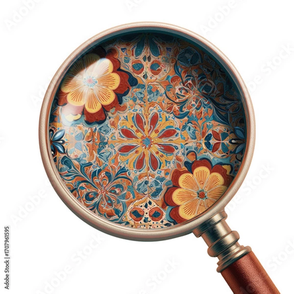 Fototapeta Magnifying Glass Over Ornate Colorful Floral Pattern Artwork