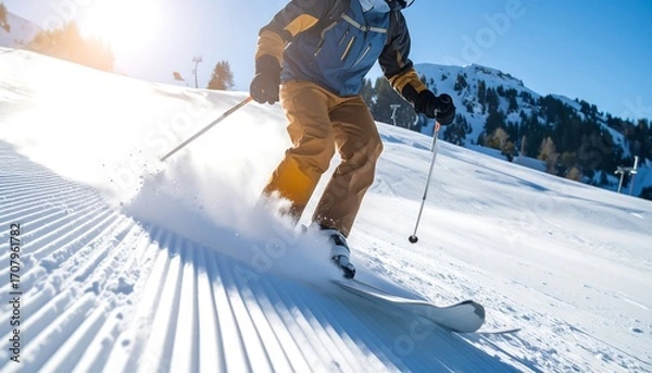 Obraz Skier going downhill on a sunny, snow-covered mountain with trees in background