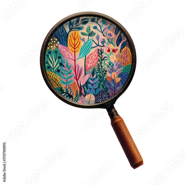 Obraz Colorful Floral Illustration Under Magnifying Glass on White Background