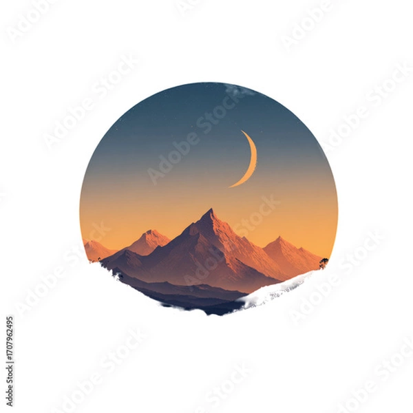 Fototapeta Serene Mountain Landscape with Gradient Sunset and Crescent Moon