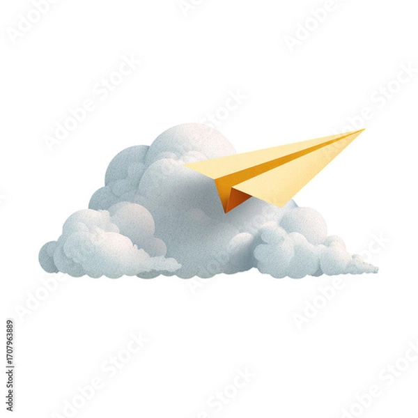 Fototapeta Paper Plane Flying Above Fluffy Clouds with Bright Blue Sky