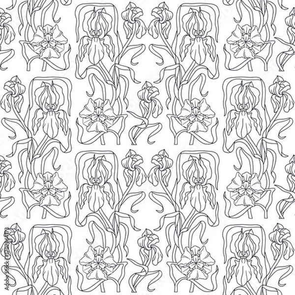 Fototapeta Art nouveau style hand drawn line art iris flowers seamless pattern