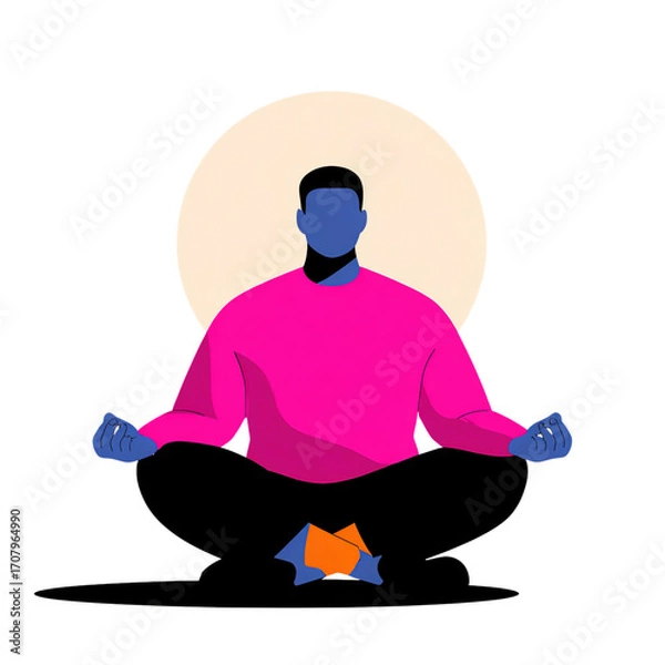 Fototapeta Peaceful man in pink sweater meditating with calm expression and aura