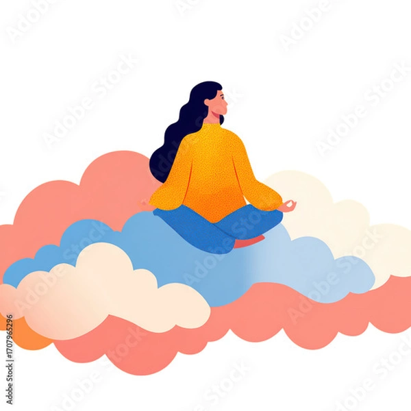 Fototapeta Woman Meditating in Colorful Clouds Representing Peace and Serenity