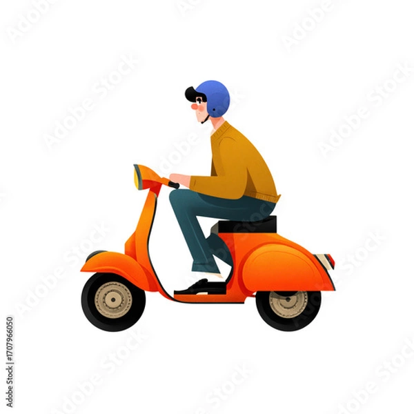 Fototapeta Person Riding Orange Scooter in a Bright and Cheerful Setting