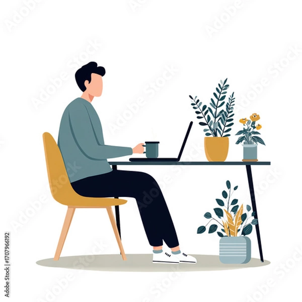 Obraz Young Man Working on Laptop at Modern Home Office with Plants