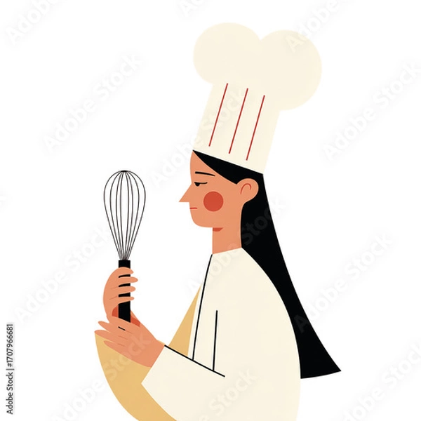 Fototapeta Stylish Female Chef Holding Whisk with Thoughtful Expression in Kitchen